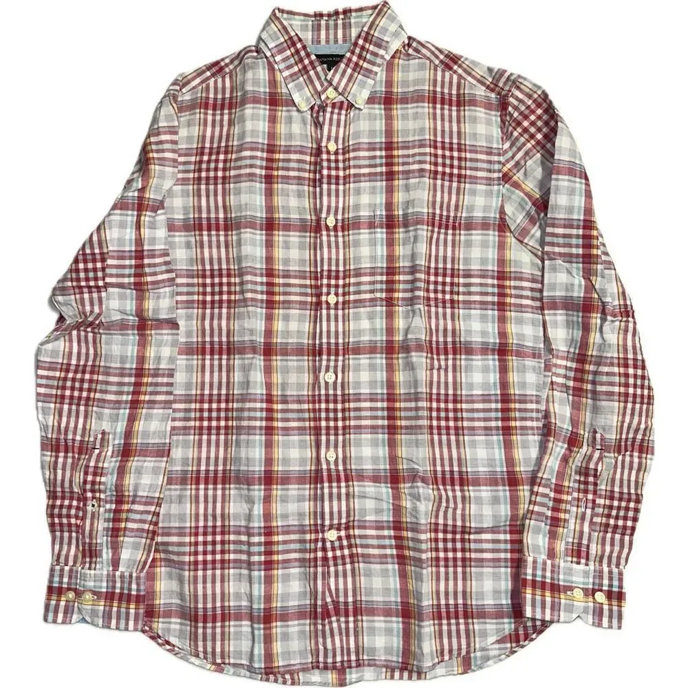banana republic mens shirt medium plaid long‎ sleeve off white gray raspberry